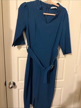 Grace Karin Teal Blue Belted Midi Dress